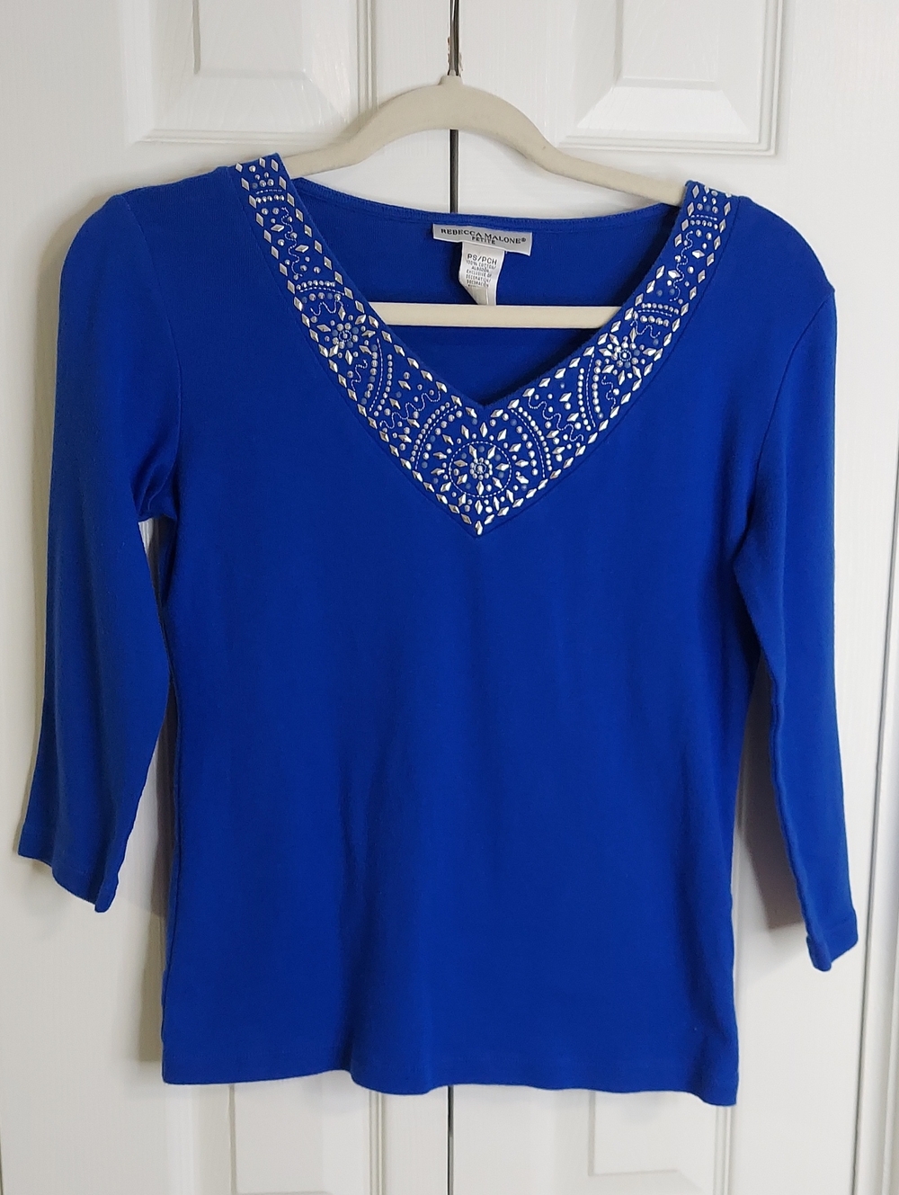 Rebecca Malone Top, Size S, Cotton, Silver Embellished, Royal Blue